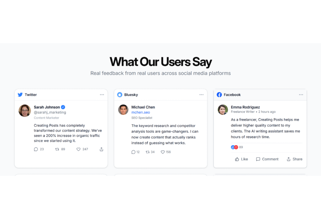 Creating Posts Review: Rank Your New Blogs Fast With AI 8 User Testimonials of Creatingposts.com and social proof, 7. Free WordPress Plugin For Easy Publishing